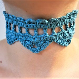 Choker Necklace Crochet Blue Adjustable Brand New Handmade